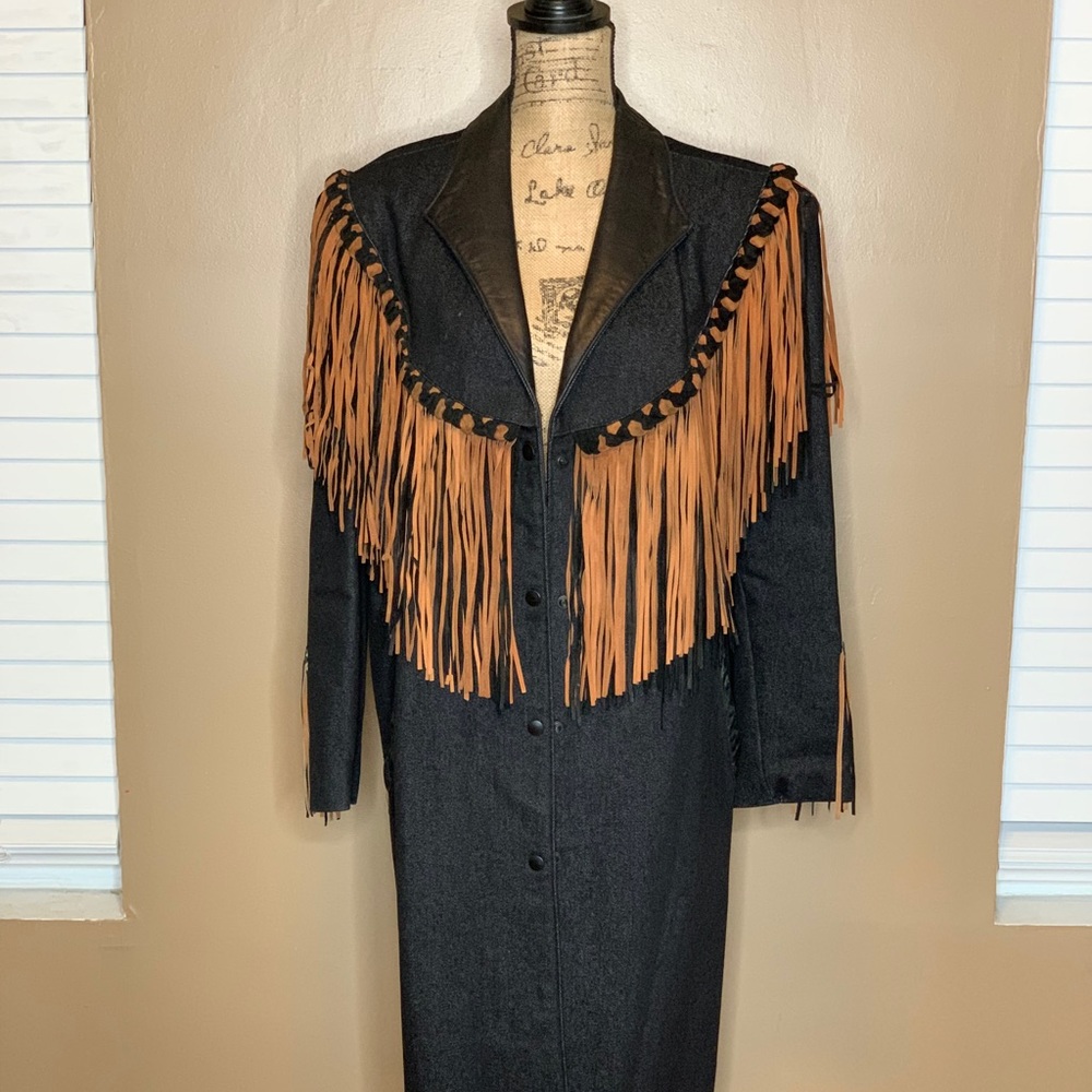 Dark Jean Trench with tan fringe